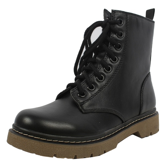 Shoes - Black Faux Leather Lace Up Lug Sole Military Boot